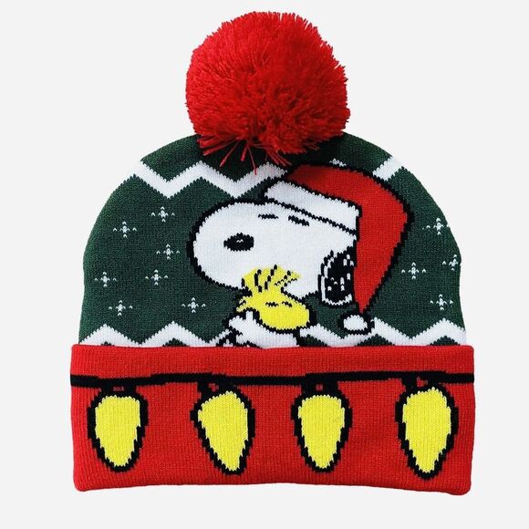 Snoopy Hugging Woodstock Peanuts Christmas Lights Hat Beanie PomPom Unisex NEW - Picture 1 of 3